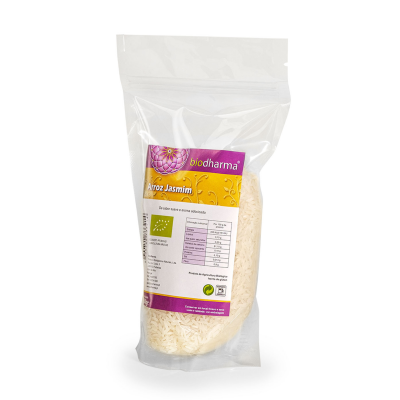 Pacote transparente de arroz jasmine biodharma com etiqueta roxa e amarela