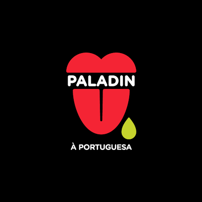 Logótipo PALADIN com texto 'À PORTUGUESA' e forma vermelha, gota verde em fundo preto