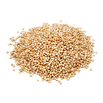 Monte de grãos pequenos e redondos creme claro sobre fundo branco.