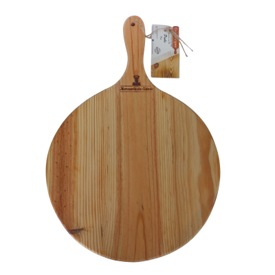 Tabuleiro redondo de madeira clara com pega e gravação Mercado da Casa