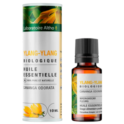 Óleo essencial Ylang-Ylang Biologique, frasco âmbar e embalagem cilíndrica com flores amarelas.