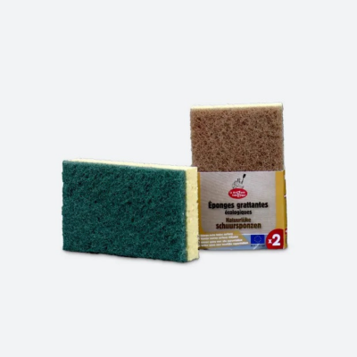 Conjunto de esponjas abrasivas verdes e castanhas com embalagem