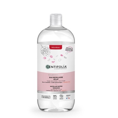 Frasco de água micelar Centifolia com rótulo branco e rosa