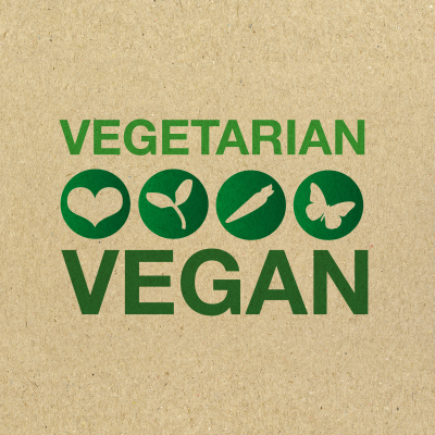 Texto VEGAN e VEGETARIAN verde com símbolos vegetais e natureza num fundo de papel reciclado