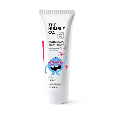 Tubo de creme dental para crianças da marca THE HUMBLE CO. sabor morango, 75 ml, com ilustração colorida