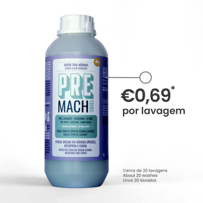 Frasco azul de removedor de nódoas PRE MACH com tampa branca e rótulo detalhado
