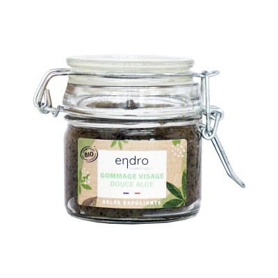 Frasco de vidro com rótulo de esfoliante facial endro