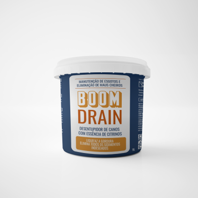 Embalagem azul com tampa branca de desentupidor BOOM DRAIN de 1 litro