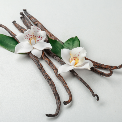 Vagens de baunilha e flores brancas sobre superfície clara