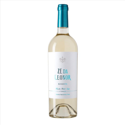 Garrafa de vinho branco Zé da Leonor Reserva com rótulo branco e tampa azul