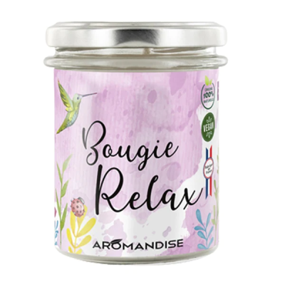 Vela Bougie Relax Aromandise com tampa metálica e rótulo lilás decorado
