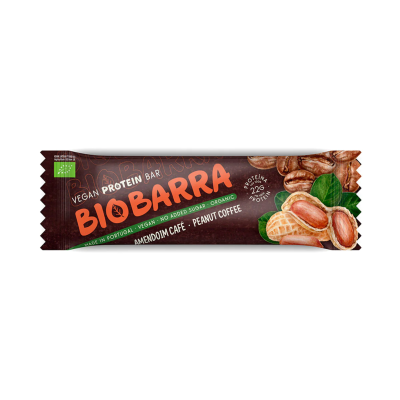 Barra vegan de proteína Biobarra sabor amendoim e café com embalagem castanha e imagens de amendoins e café