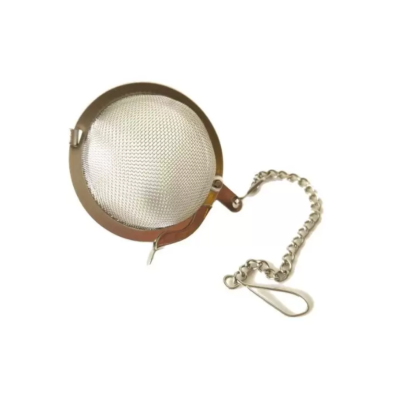 Infusor de chá redondo em metal prateado com malha fina e corrente