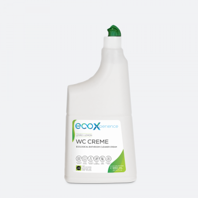 Frasco branco de WC Creme Ecoxperience com tampa verde e etiqueta com texto