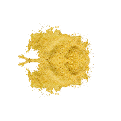 Pó amarelo finamente moído sobre fundo branco