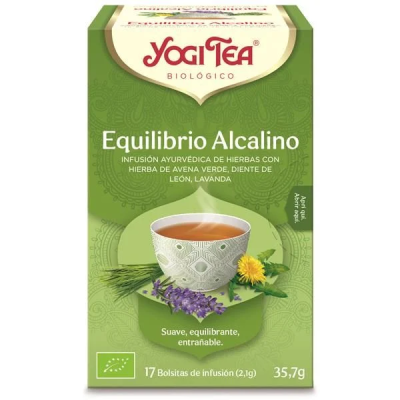 Caixa verde de chá Yogi Tea Equilibrio Alcalino com copo branco de chá e ervas