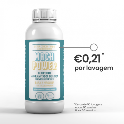 Garrafas de detergente para máquina de lavar loiça Mach Power com etiqueta azul e texto amarelo