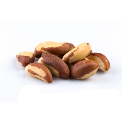 Nozes do Brasil com casca castanha e bege sobre fundo branco