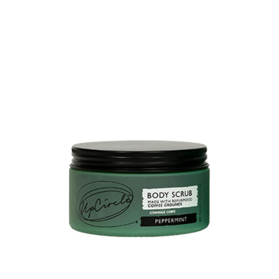 Esfoliante corporal em frasco verde com tampa preta e rótulo com texto em inglês