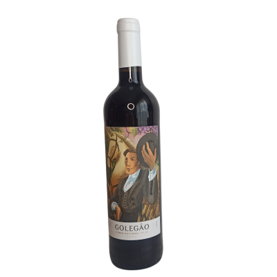 Garrafa de vinho tinto com rótulo ilustrado e tampa branca