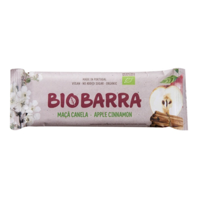 Barra alimentar Biobarra sabor Maçã Canela com embalagem bege e desenhos de maçã e canela