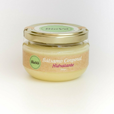 Frasco de bálsamo corporal hidratante BioVó em vidro com tampa dourada