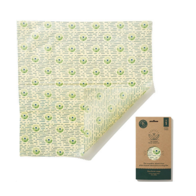 Embalagem reutilizável para alimentos com padrão verde e amarelo e embalagem de cartão marrom