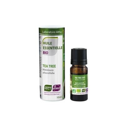 Frasco de óleo essencial Tea Tree bio com embalagem branca e verde