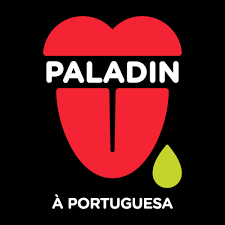Logótipo PALADIN com texto 'À PORTUGUESA' e forma vermelha, gota verde em fundo preto