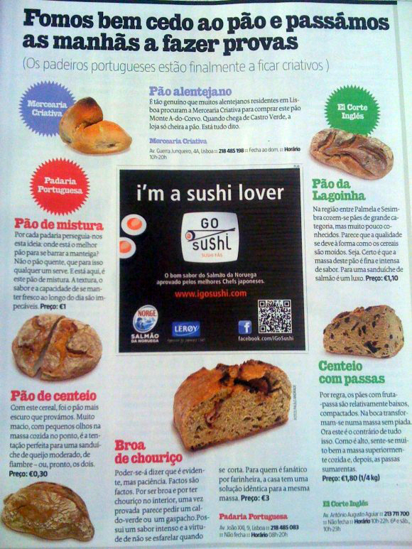 Página de revista com imagens de vários tipos de pão português e anúncio central de sushi