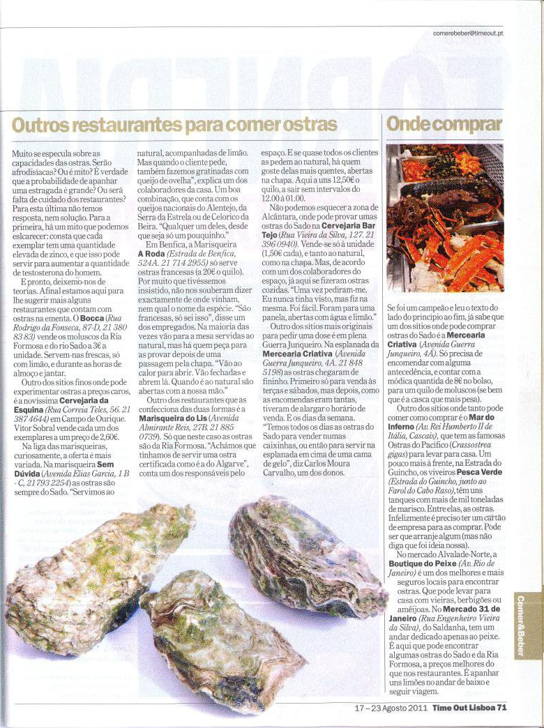 Página de revista com imagens de ostras em conchas, mercado com iluminação vermelha e texto em português