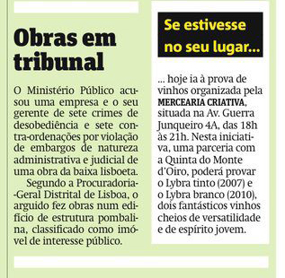 Texto em português sobre tribunal e prova de vinhos na Mercearia Criativa.