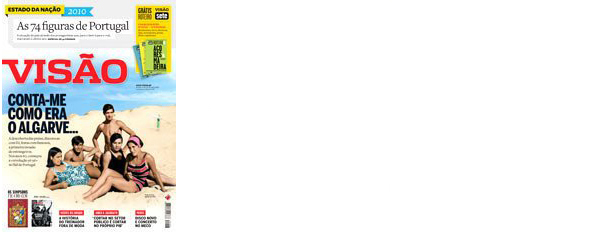 Capa da revista VISÃO com pessoas na praia e texto sobre Algarve