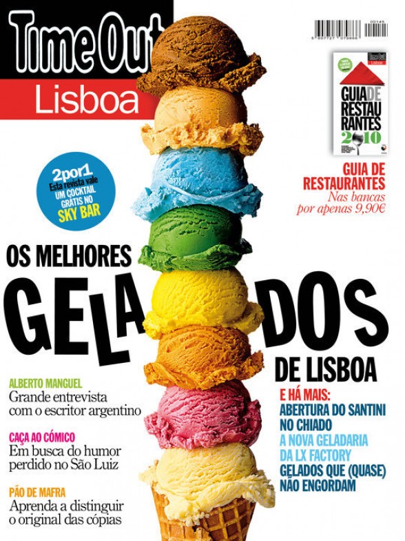 Gelado colorido empilhado com sete bolas em cone na capa da revista Time Out Lisboa