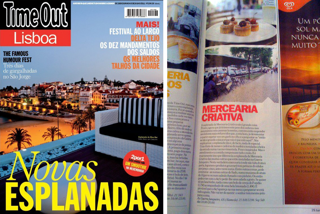Revista Time Out Lisboa com capa e páginas internas sobre esplanadas e mercearia criativa.