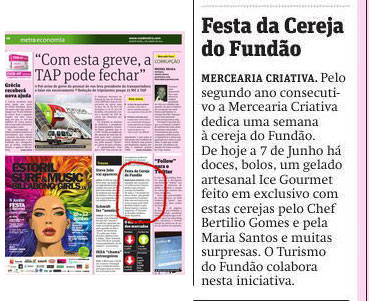 Página de jornal com notícia sobre Festa da Cereja do Fundão e texto em português.