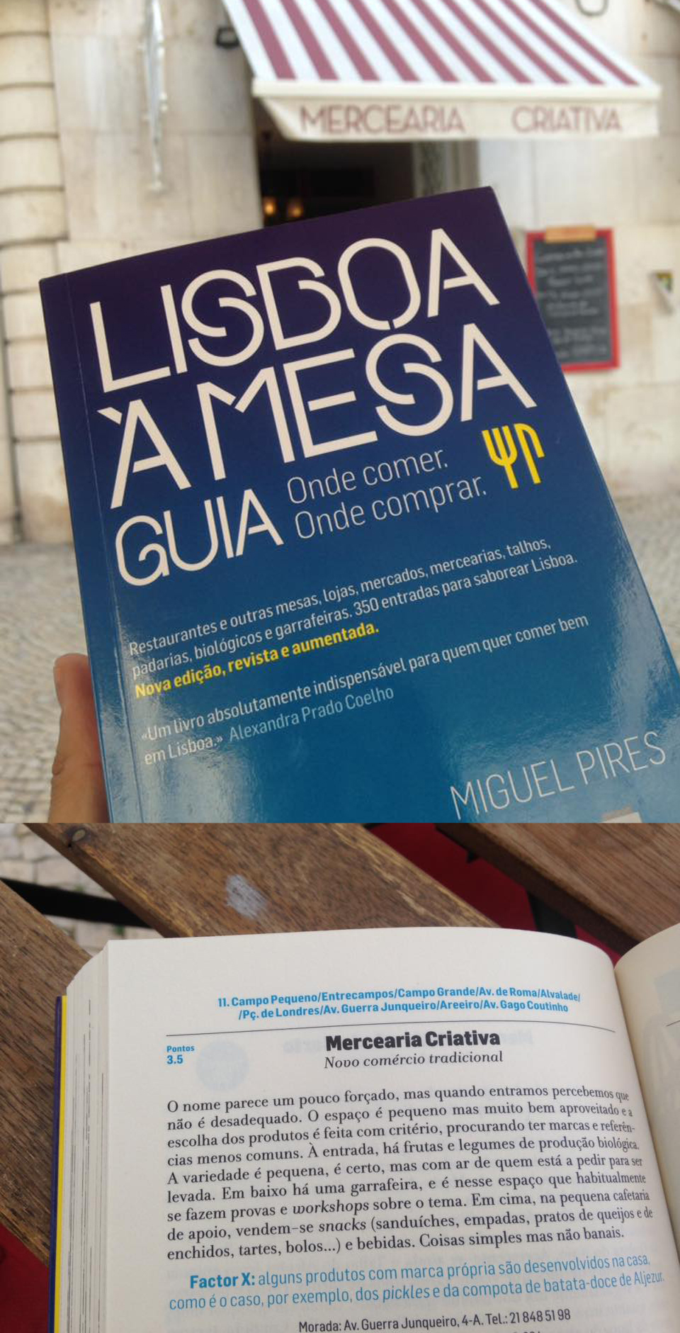 Livro 'Lisboa à Mesa Guia' com fundo de loja 'Mercearia Criativa'