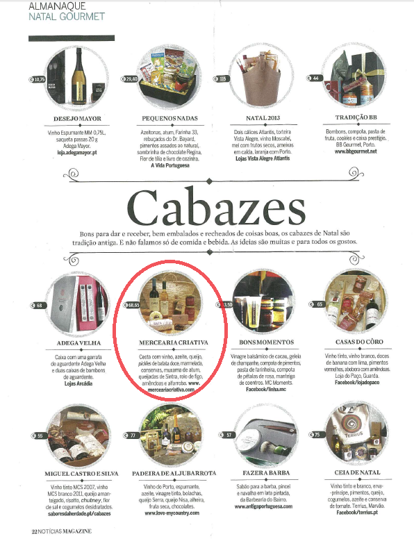 Página de revista com vários cabazes de Natal e uma secção destacada chamada MERCEARIA CRIATIVA.