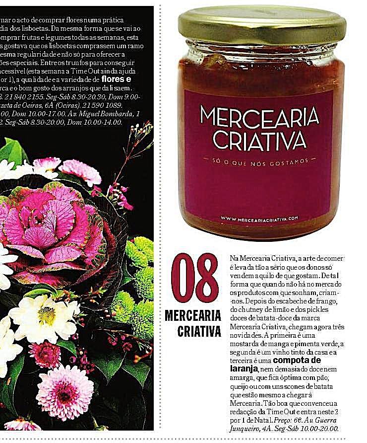 Frasco de compota com rótulo Mercearia Criativa e texto explicativo ao lado