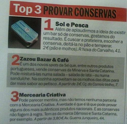 Página de revista com lista Top 3 PROVAR CONSERVAS, incluindo Sol e Pesca, Zazou Bazar & Café e Mercearia Criativa.