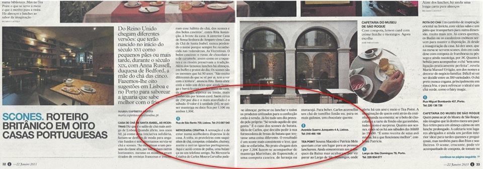 Página de revista com imagens de sala, janelas com arcos e pessoas com roupas bordadas