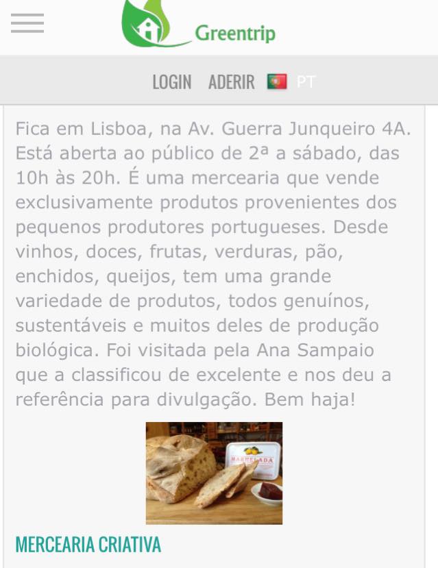 Página web da Greentrip sobre mercearia criativa com texto e imagem de pão fatiado