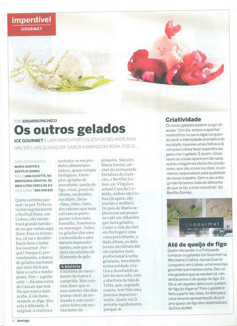 Página de revista com fotografias e texto sobre gelados gourmet