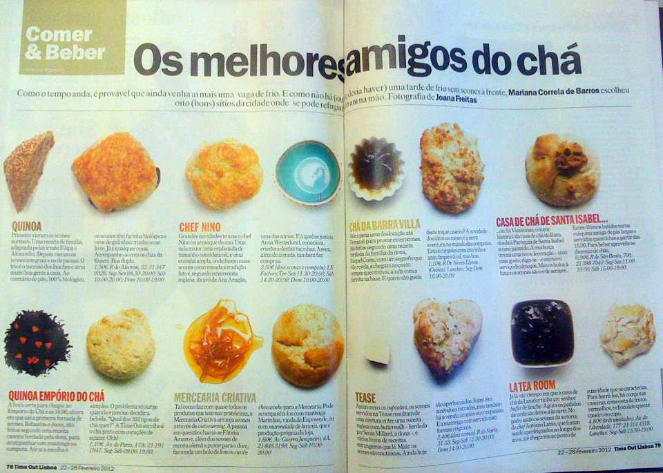 Página de revista com doze bolos e biscoitos para acompanhar chá, com texto descritivo em português.