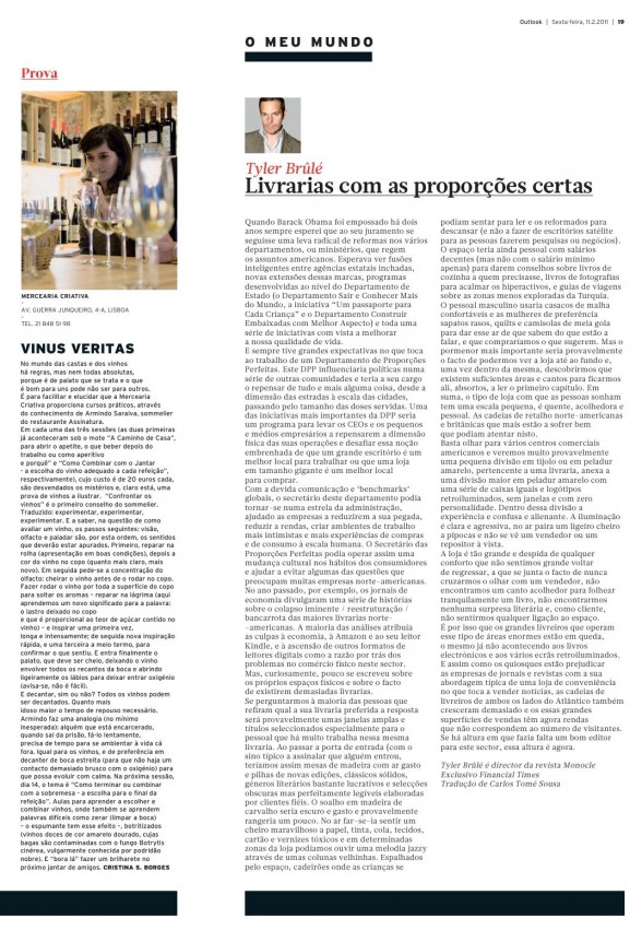 Página de jornal com artigo sobre vinho e uma secção de opinião com a foto de Tyler Brûlé