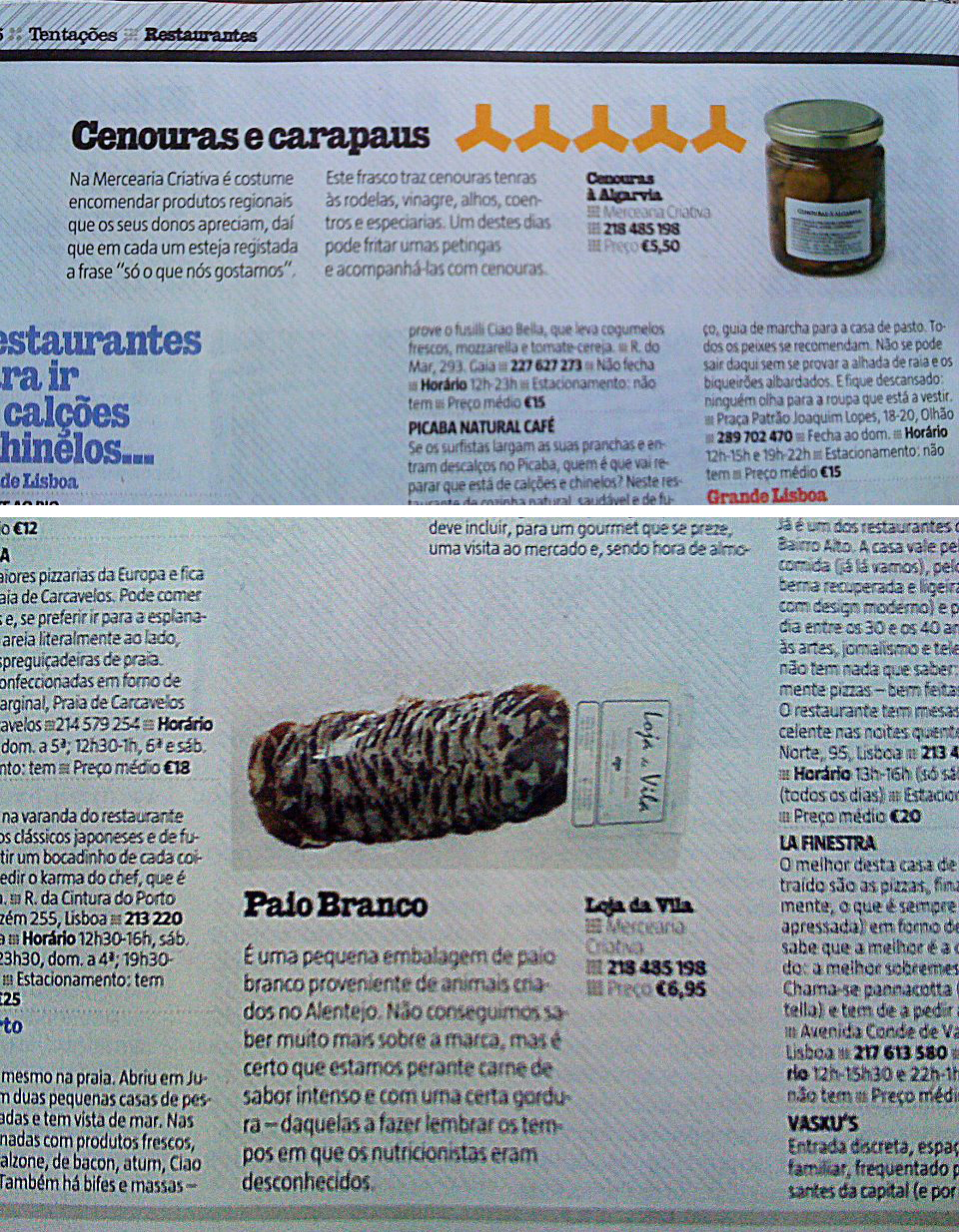 Embalagem pequena de paio branco com padrão castanho e etiqueta Loja da Vila em artigo de revista