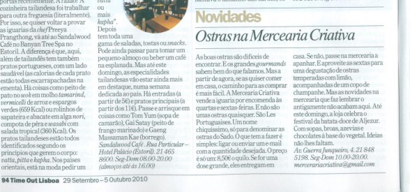 Recorte de jornal com texto em português sobre novidadades e ostras.