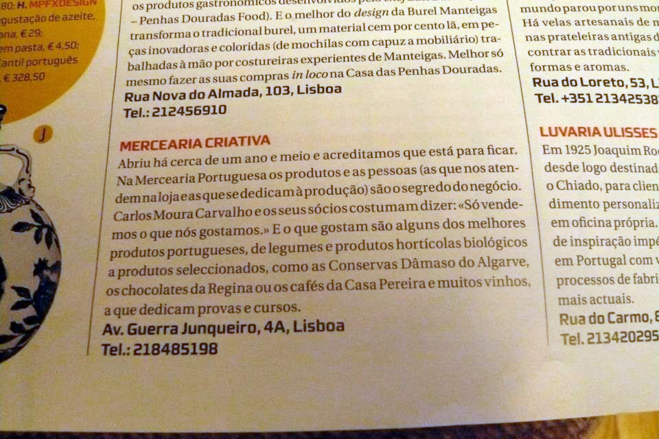 Texto em português europeu falando sobre Mercearia Cristavia, localização e contacto