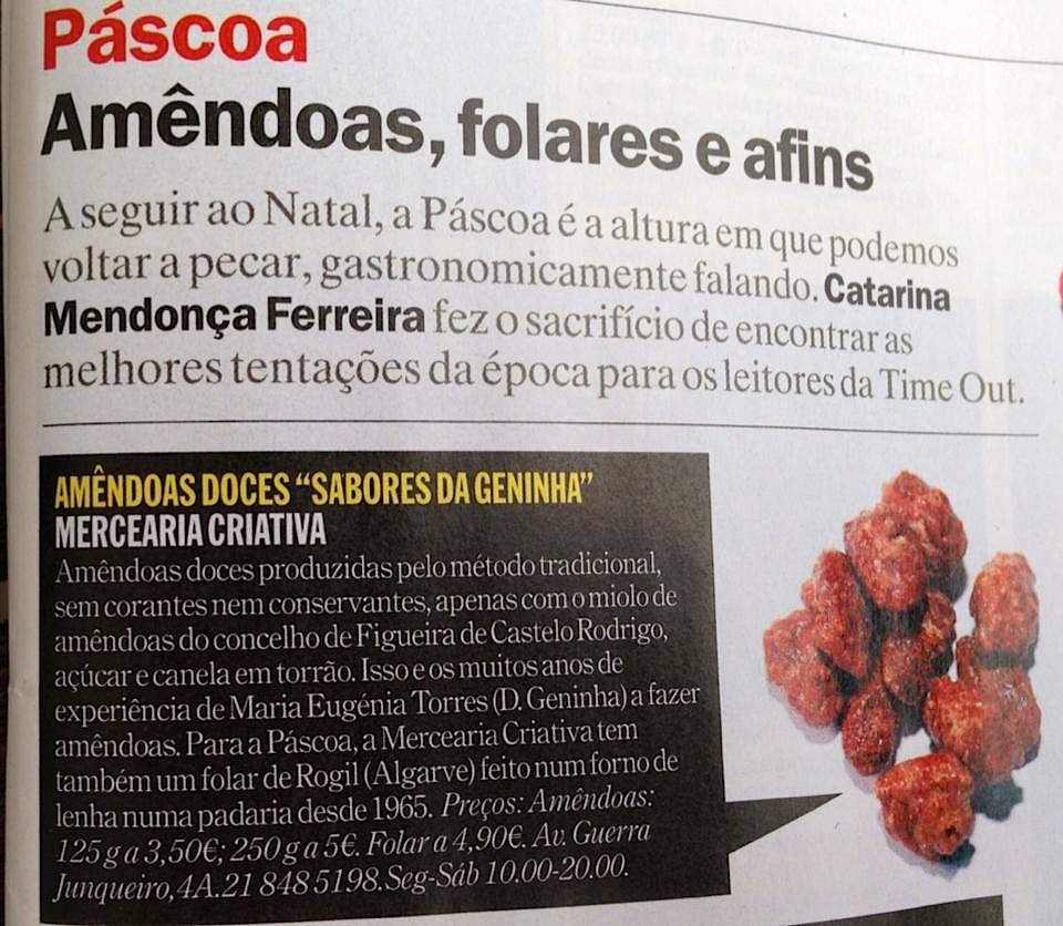 Página de revista com texto sobre amêndoas doces e imagem de amêndoas caramelizadas