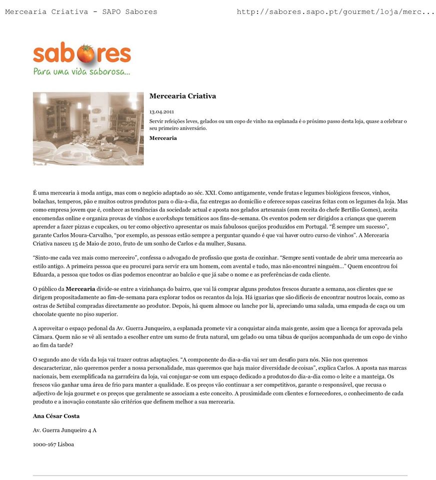 Página web da Mercenaria Criativa com foto da loja, texto descritivo e endereço em Lisboa